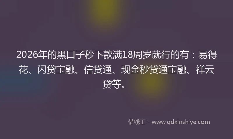 2026年的黑口子秒下款满18周岁就行的有：易得花、闪贷宝融、信贷通、现金秒贷通宝融、祥云贷等。