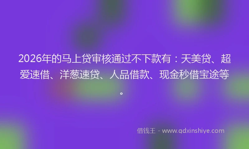 2026年的马上贷审核通过不下款有：天美贷、超爱速借、洋葱速贷、人品借款、现金秒借宝途等。