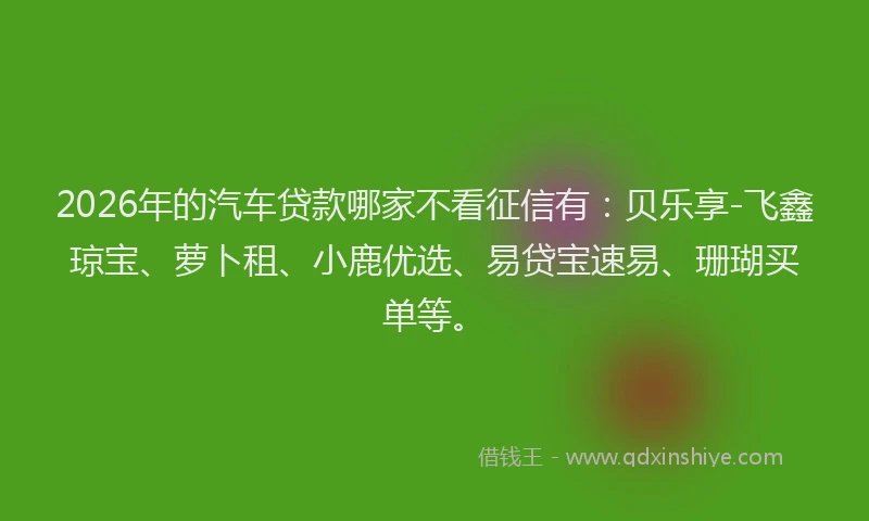 2026年的汽车贷款哪家不看征信有：贝乐享-飞鑫琼宝、萝卜租、小鹿优选、易贷宝速易、珊瑚买单等。