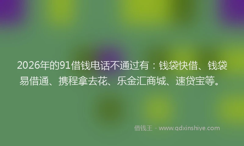 2026年的91借钱电话不通过有：钱袋快借、钱袋易借通、携程拿去花、乐金汇商城、速贷宝等。