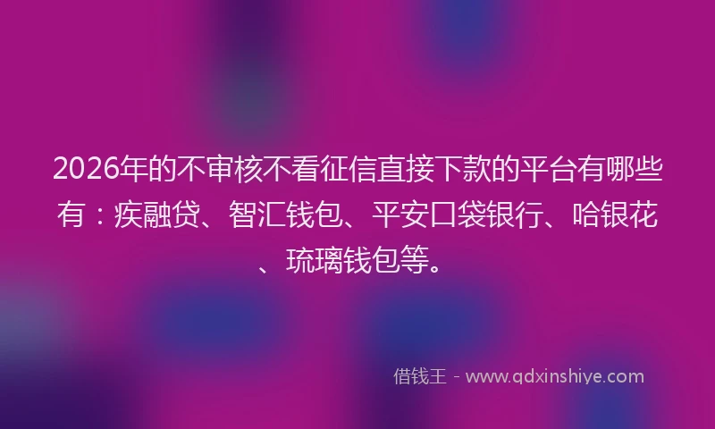 2026年的不审核不看征信直接下款的平台有哪些有：疾融贷、智汇钱包、平安口袋银行、哈银花、琉璃钱包等。