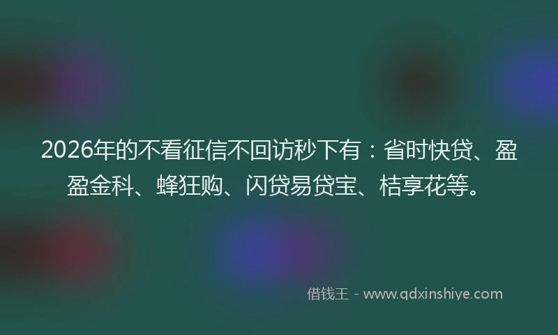 2026年的不看征信不回访秒下有：省时快贷、盈盈金科、蜂狂购、闪贷易贷宝、桔享花等。