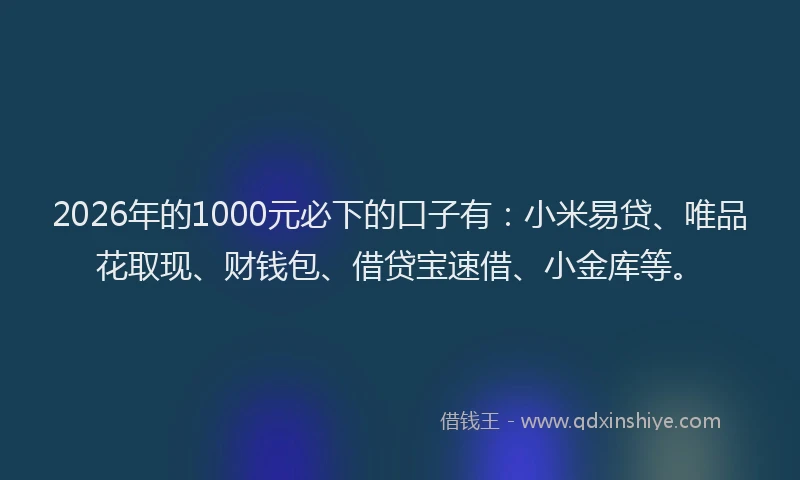 2026年的1000元必下的口子有：小米易贷、唯品花取现、财钱包、借贷宝速借、小金库等。