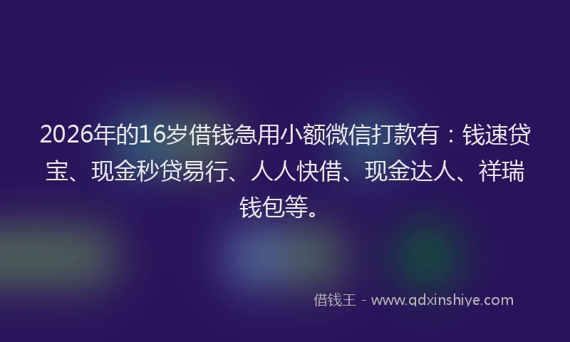 2026年的16岁借钱急用小额微信打款有：钱速贷宝、现金秒贷易行、人人快借、现金达人、祥瑞钱包等。