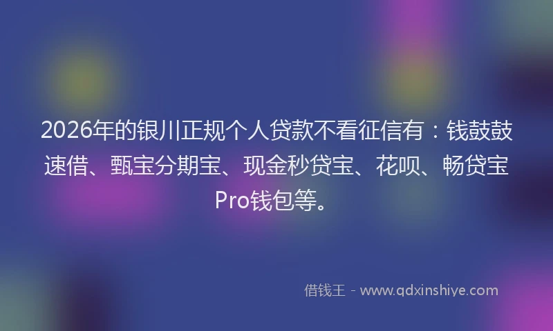 2026年的银川正规个人贷款不看征信有：钱鼓鼓速借、甄宝分期宝、现金秒贷宝、花呗、畅贷宝Pro钱包等。