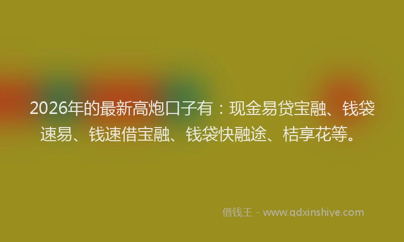2026年的最新高炮口子有：现金易贷宝融、钱袋速易、钱速借宝融、钱袋快融途、桔享花等。