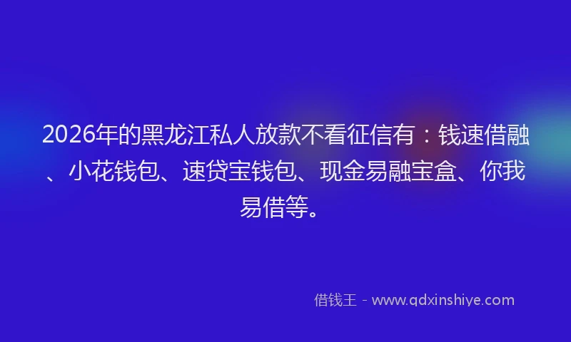 2026年的黑龙江私人放款不看征信有：钱速借融、小花钱包、速贷宝钱包、现金易融宝盒、你我易借等。