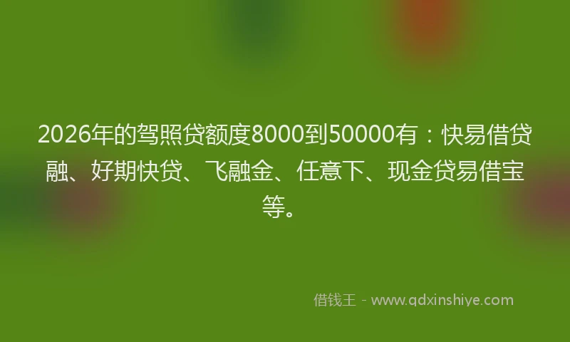 2026年的驾照贷额度8000到50000有：快易借贷融、好期快贷、飞融金、任意下、现金贷易借宝等。