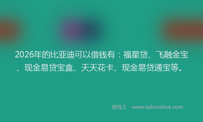 2026年的比亚迪可以借钱有：福星贷、飞融金宝、现金易贷宝盒、天天花卡、现金易贷通宝等。