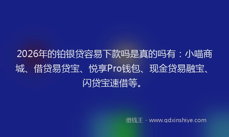 2026年的铂银贷容易下款吗是真的吗有：小喵商城、借贷易贷宝、悦享Pro钱包、现金贷易融宝、闪贷宝速借等。