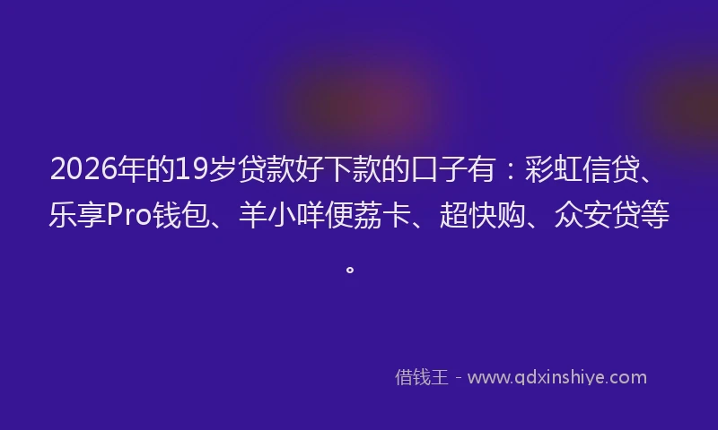 2026年的19岁贷款好下款的口子有：彩虹信贷、乐享Pro钱包、羊小咩便荔卡、超快购、众安贷等。