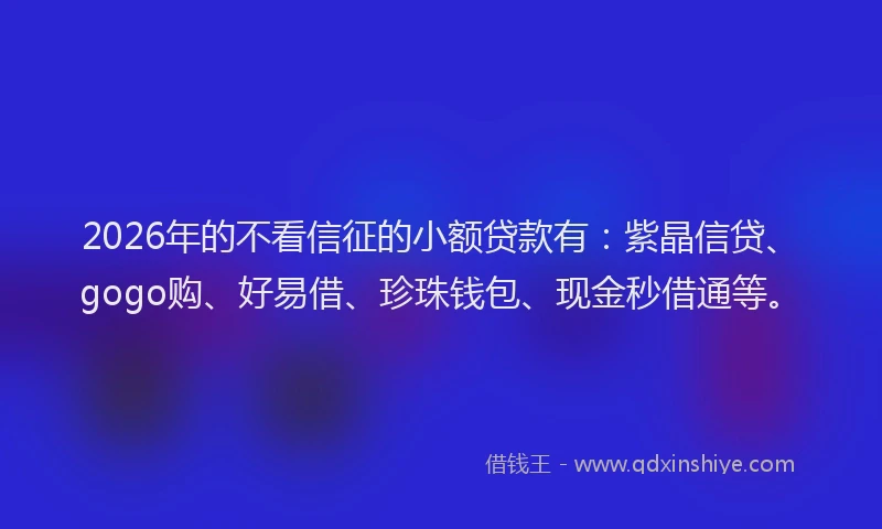 2026年的不看信征的小额贷款有：紫晶信贷、gogo购、好易借、珍珠钱包、现金秒借通等。