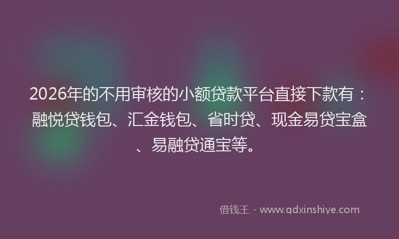 2026年的不用审核的小额贷款平台直接下款有：融悦贷钱包、汇金钱包、省时贷、现金易贷宝盒、易融贷通宝等。
