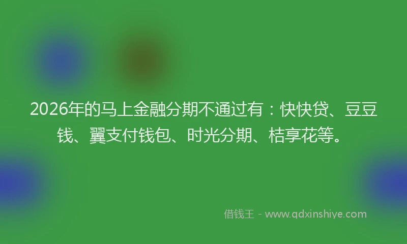 2026年的马上金融分期不通过有：快快贷、豆豆钱、翼支付钱包、时光分期、桔享花等。