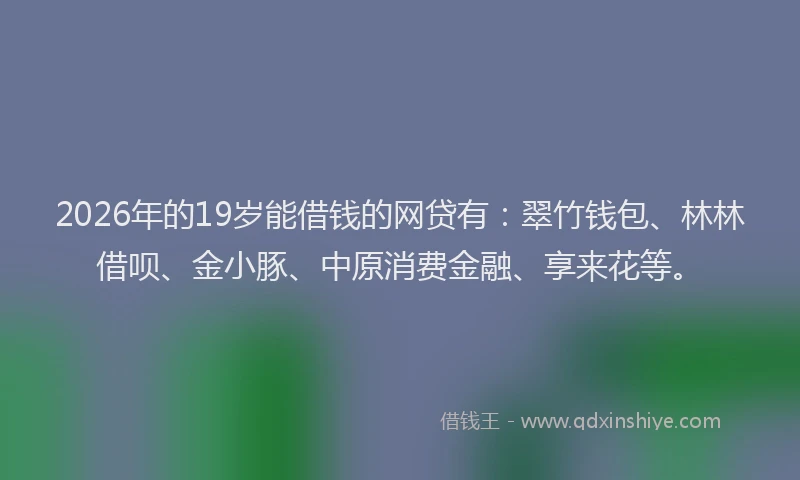 2026年的19岁能借钱的网贷有：翠竹钱包、林林借呗、金小豚、中原消费金融、享来花等。