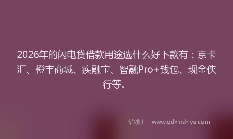 2026年的闪电贷借款用途选什么好下款有：京卡汇、橙丰商城、疾融宝、智融Pro+钱包、现金侠行等。