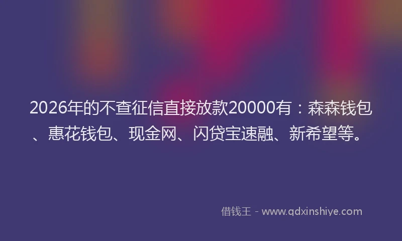 2026年的不查征信直接放款20000有：森森钱包、惠花钱包、现金网、闪贷宝速融、新希望等。