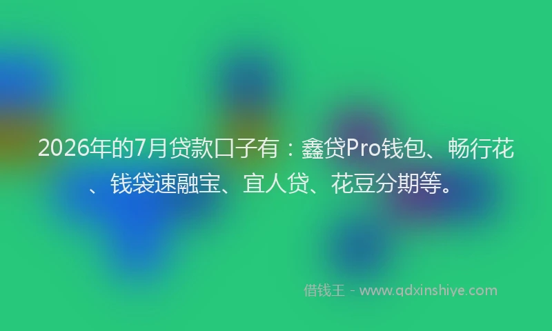 2026年的7月贷款口子有：鑫贷Pro钱包、畅行花、钱袋速融宝、宜人贷、花豆分期等。