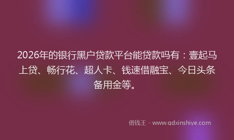 2026年的银行黑户贷款平台能贷款吗有：壹起马上贷、畅行花、超人卡、钱速借融宝、今日头条备用金等。