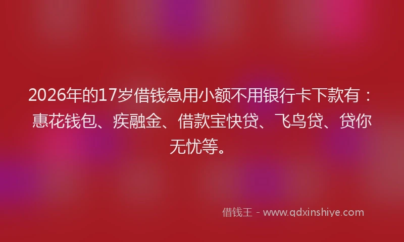 2026年的17岁借钱急用小额不用银行卡下款有：惠花钱包、疾融金、借款宝快贷、飞鸟贷、贷你无忧等。