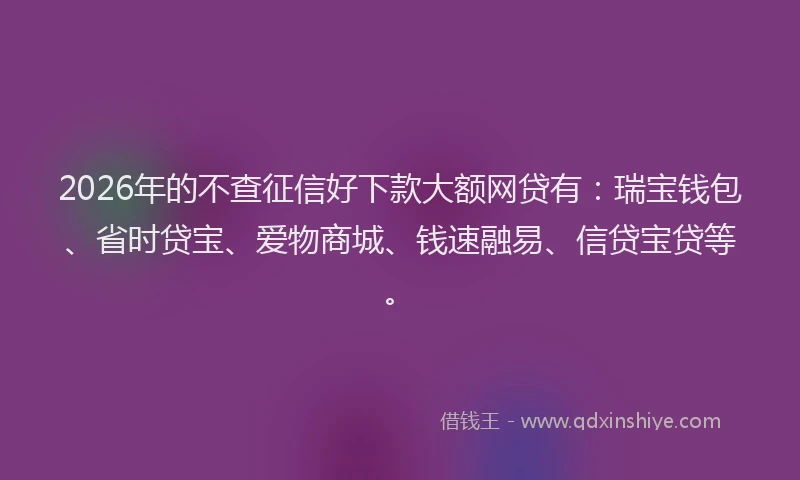 2026年的不查征信好下款大额网贷有：瑞宝钱包、省时贷宝、爱物商城、钱速融易、信贷宝贷等。