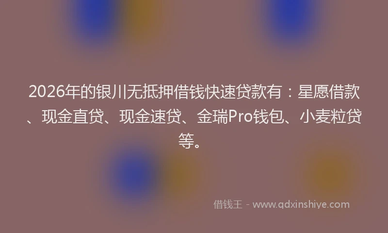 2026年的银川无抵押借钱快速贷款有：星愿借款、现金直贷、现金速贷、金瑞Pro钱包、小麦粒贷等。