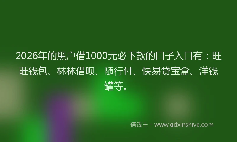 2026年的黑户借1000元必下款的口子入口有：旺旺钱包、林林借呗、随行付、快易贷宝盒、洋钱罐等。