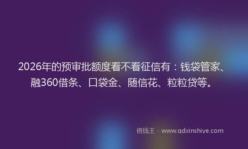 2026年的预审批额度看不看征信有：钱袋管家、融360借条、口袋金、随信花、粒粒贷等。