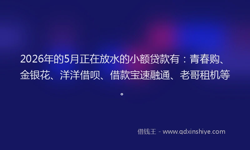 2026年的5月正在放水的小额贷款有：青春购、金银花、洋洋借呗、借款宝速融通、老哥租机等。