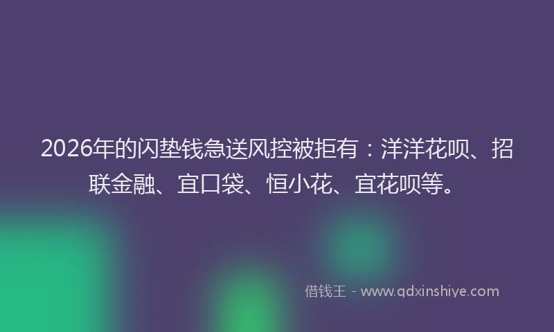 2026年的闪垫钱急送风控被拒有：洋洋花呗、招联金融、宜口袋、恒小花、宜花呗等。