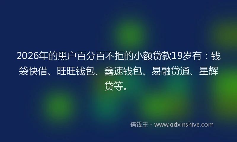 2026年的黑户百分百不拒的小额贷款19岁有：钱袋快借、旺旺钱包、鑫速钱包、易融贷通、星辉贷等。