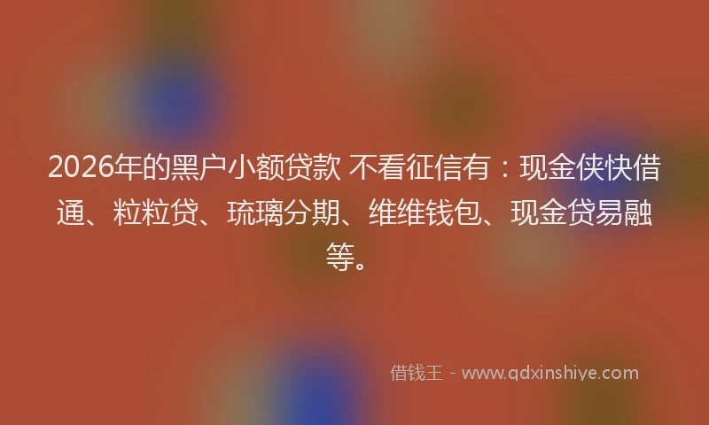 2026年的黑户小额贷款 不看征信有：现金侠快借通、粒粒贷、琉璃分期、维维钱包、现金贷易融等。