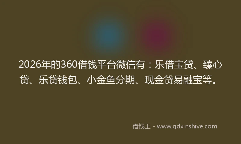 2026年的360借钱平台微信有：乐借宝贷、臻心贷、乐贷钱包、小金鱼分期、现金贷易融宝等。