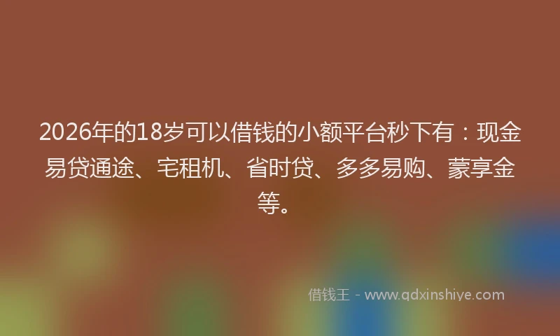2026年的18岁可以借钱的小额平台秒下有：现金易贷通途、宅租机、省时贷、多多易购、蒙享金等。
