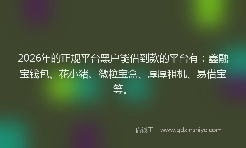 2026年的正规平台黑户能借到款的平台有：鑫融宝钱包、花小猪、微粒宝盒、厚厚租机、易借宝等。