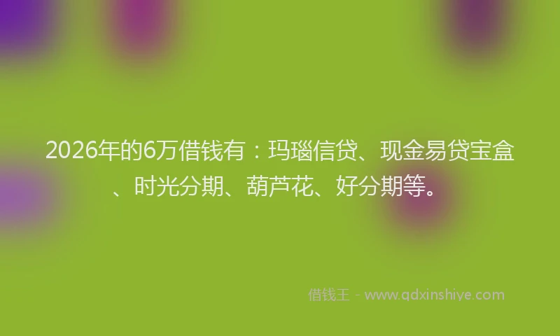 2026年的6万借钱有：玛瑙信贷、现金易贷宝盒、时光分期、葫芦花、好分期等。