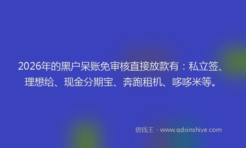 2026年的黑户呆账免审核直接放款有：私立签、理想给、现金分期宝、奔跑租机、哆哆米等。
