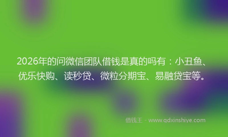 2026年的问微信团队借钱是真的吗有：小丑鱼、优乐快购、读秒贷、微粒分期宝、易融贷宝等。