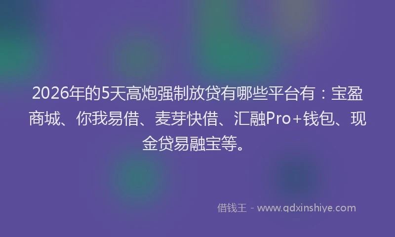 2026年的5天高炮强制放贷有哪些平台有：宝盈商城、你我易借、麦芽快借、汇融Pro+钱包、现金贷易融宝等。