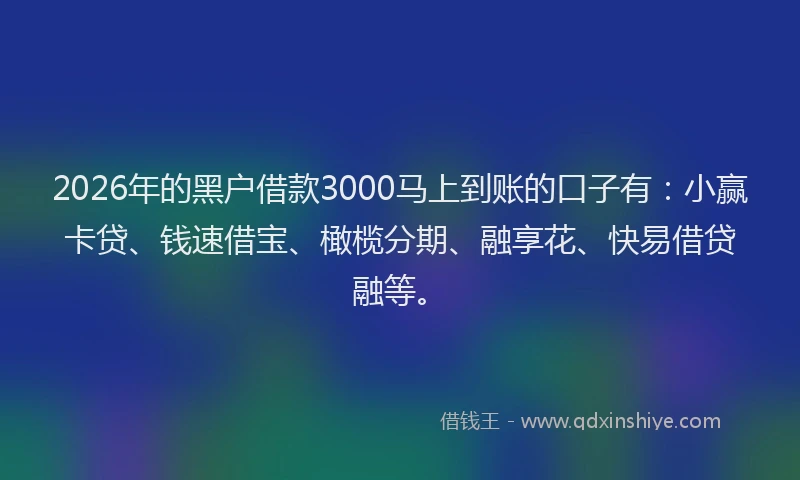 2026年的黑户借款3000马上到账的口子有：小赢卡贷、钱速借宝、橄榄分期、融享花、快易借贷融等。