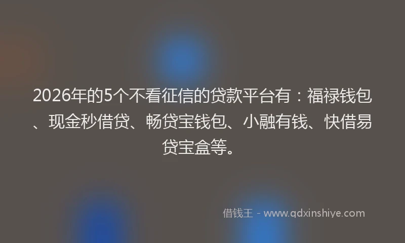 2026年的5个不看征信的贷款平台有：福禄钱包、现金秒借贷、畅贷宝钱包、小融有钱、快借易贷宝盒等。