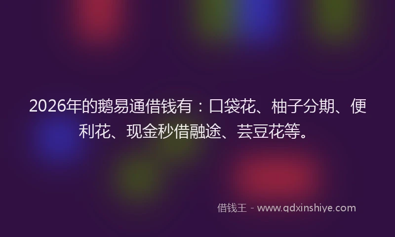 2026年的鹅易通借钱有：口袋花、柚子分期、便利花、现金秒借融途、芸豆花等。