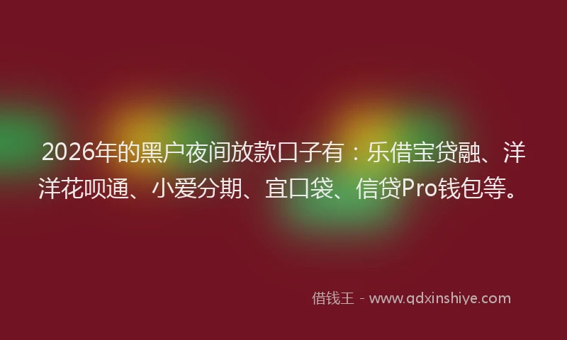 2026年的黑户夜间放款口子有：乐借宝贷融、洋洋花呗通、小爱分期、宜口袋、信贷Pro钱包等。