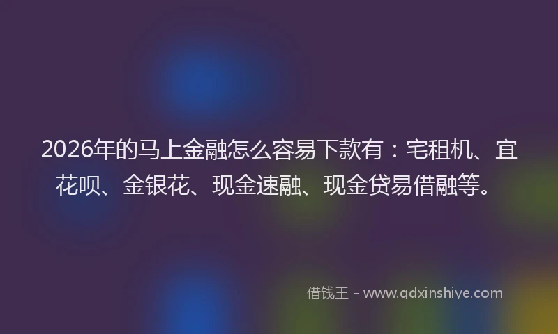 2026年的马上金融怎么容易下款有：宅租机、宜花呗、金银花、现金速融、现金贷易借融等。