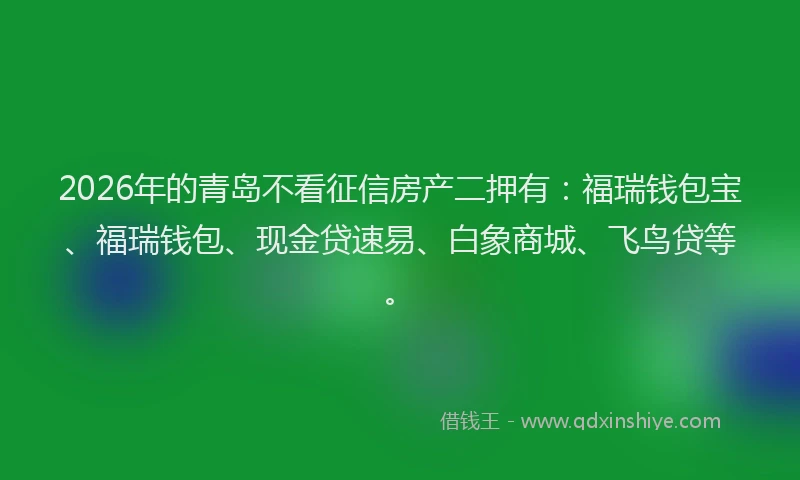2026年的青岛不看征信房产二押有：福瑞钱包宝、福瑞钱包、现金贷速易、白象商城、飞鸟贷等。