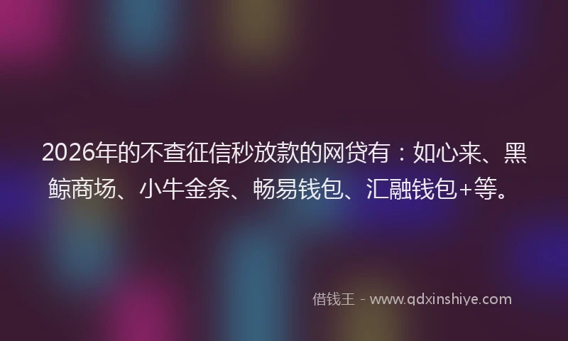 2026年的不查征信秒放款的网贷有：如心来、黑鲸商场、小牛金条、畅易钱包、汇融钱包+等。