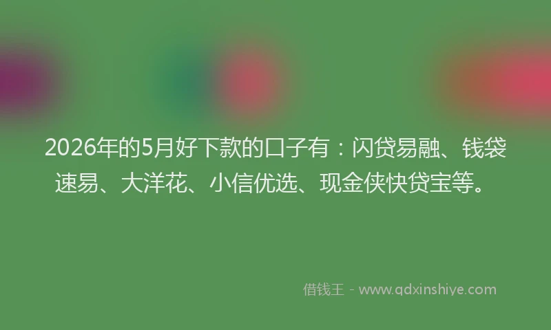 2026年的5月好下款的口子有：闪贷易融、钱袋速易、大洋花、小信优选、现金侠快贷宝等。