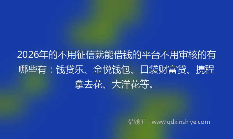 2026年的不用征信就能借钱的平台不用审核的有哪些有：钱贷乐、金悦钱包、口袋财富贷、携程拿去花、大洋花等。
