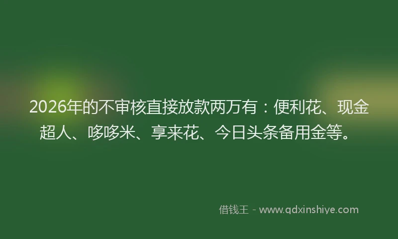 2026年的不审核直接放款两万有：便利花、现金超人、哆哆米、享来花、今日头条备用金等。