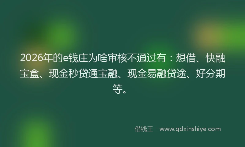 2026年的e钱庄为啥审核不通过有：想借、快融宝盒、现金秒贷通宝融、现金易融贷途、好分期等。
